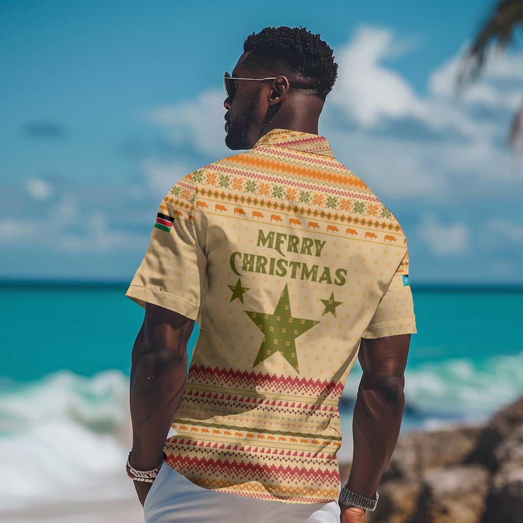 South Sudan Christmas Hawaiian Shirt Beige Tribal Pattern, National Emblem, and Green Star Motif - African Pride