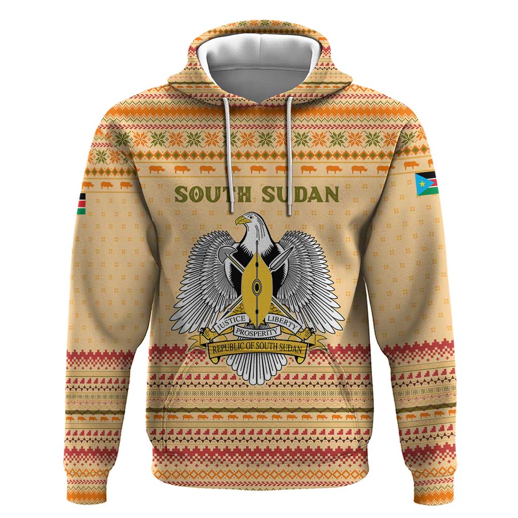 South Sudan Christmas Hoodie Beige Tribal Pattern, National Emblem, and Green Star Motif - African Pride
