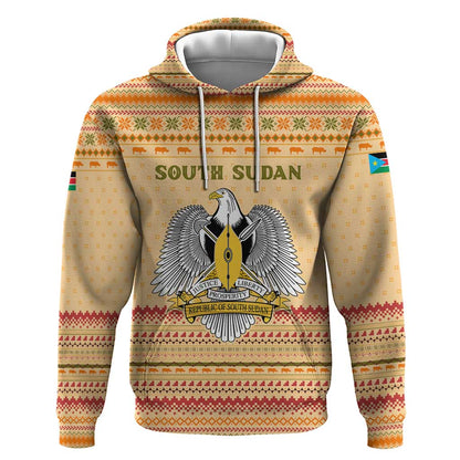 South Sudan Christmas Hoodie Beige Tribal Pattern, National Emblem, and Green Star Motif - African Pride