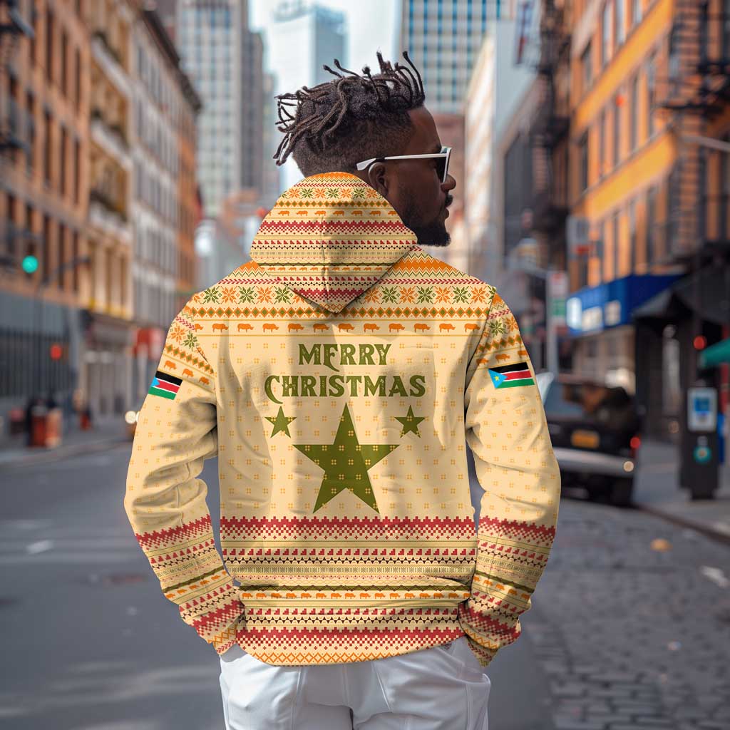 South Sudan Christmas Hoodie Beige Tribal Pattern, National Emblem, and Green Star Motif - African Pride