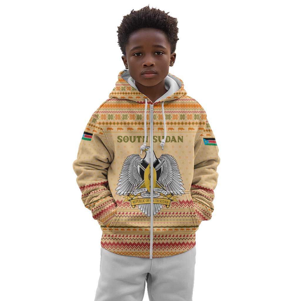 South Sudan Christmas Kid Hoodie Beige Tribal Pattern, National Emblem, and Green Star Motif - African Pride