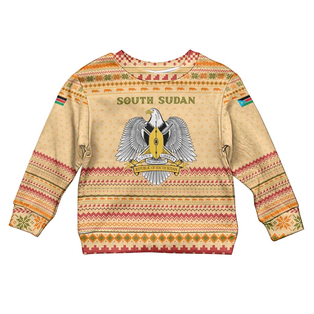 South Sudan Christmas Kid Ugly Christmas Sweater Beige Tribal Pattern, National Emblem, and Green Star Motif - African Pride