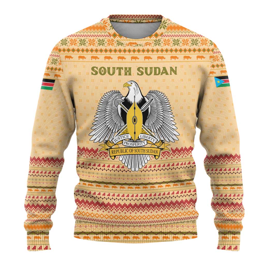 South Sudan Christmas Ugly Christmas Sweater Beige Tribal Pattern, National Emblem, and Green Star Motif - African Pride