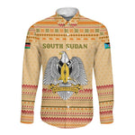 South Sudan Christmas Long Sleeve Button Shirt Beige Tribal Pattern, National Emblem, and Green Star Motif - African Pride