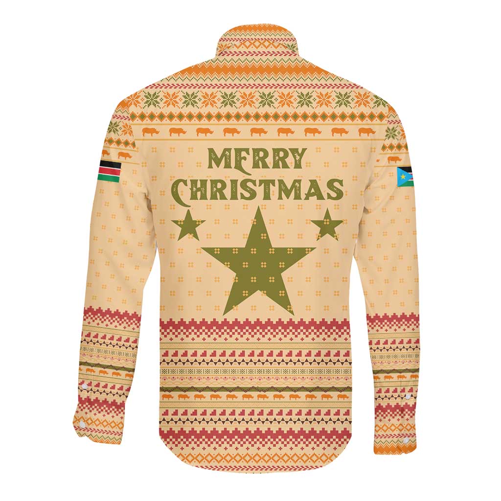 South Sudan Christmas Long Sleeve Button Shirt Beige Tribal Pattern, National Emblem, and Green Star Motif - African Pride