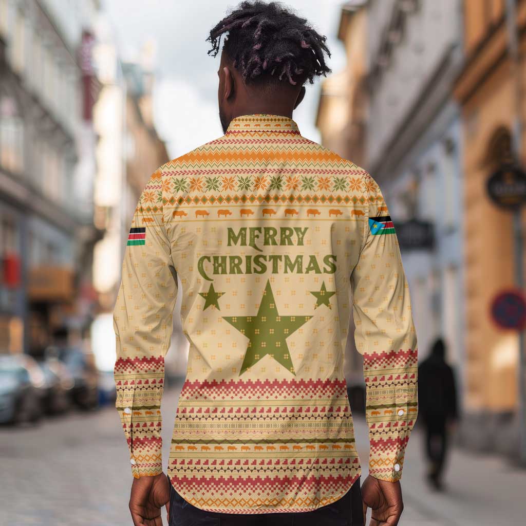 South Sudan Christmas Long Sleeve Button Shirt Beige Tribal Pattern, National Emblem, and Green Star Motif - African Pride