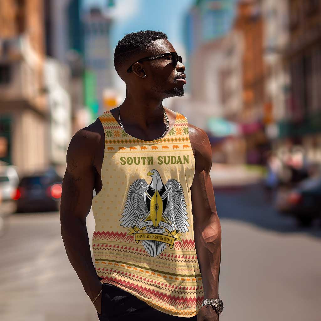 South Sudan Christmas Men Tank Top Beige Tribal Pattern, National Emblem, and Green Star Motif - African Pride