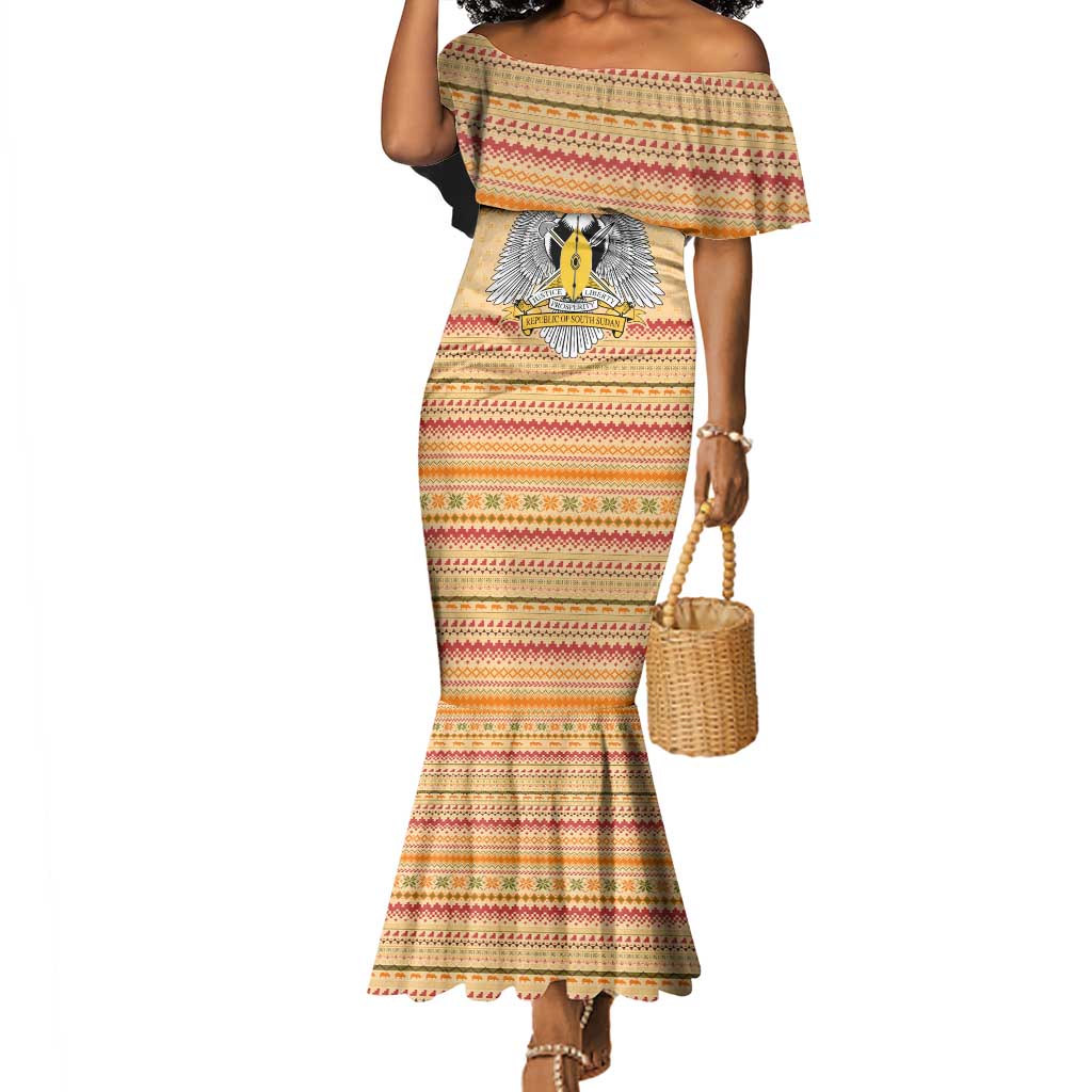South Sudan Christmas Mermaid Dress Beige Tribal Pattern, National Emblem, and Green Star Motif - African Pride