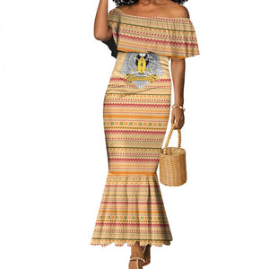 South Sudan Christmas Mermaid Dress Beige Tribal Pattern, National Emblem, and Green Star Motif - African Pride