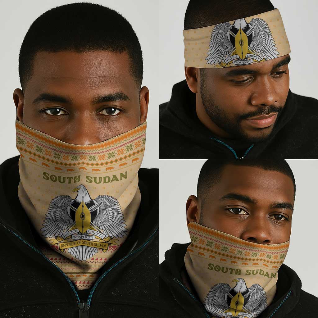 South Sudan Christmas Neck Gaiter Beige Tribal Pattern, National Emblem, and Green Star Motif - African Pride