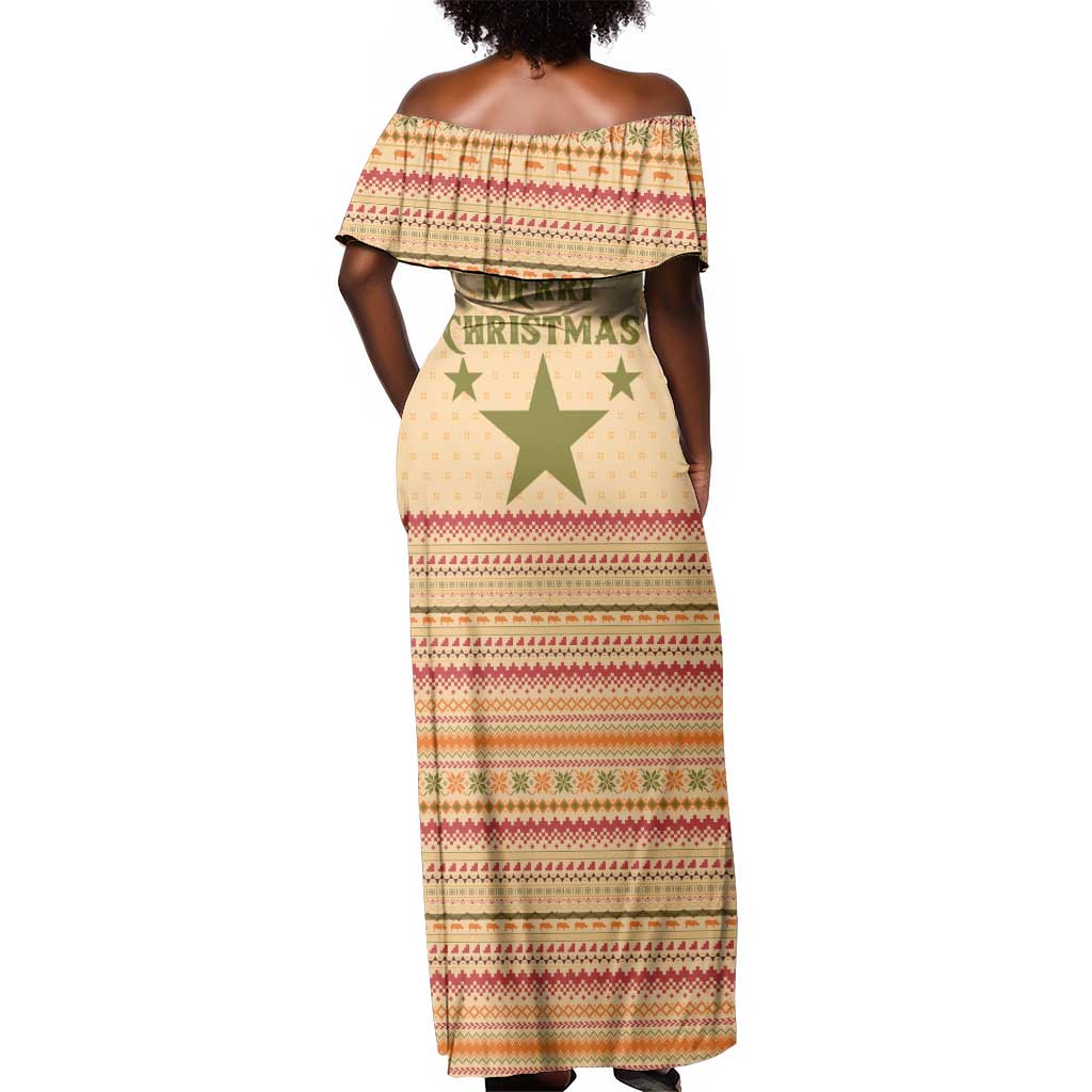 South Sudan Christmas Off Shoulder Maxi Dress Beige Tribal Pattern, National Emblem, and Green Star Motif - African Pride