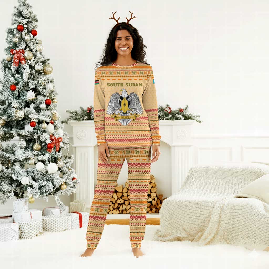 South Sudan Christmas Pajama Set Beige Tribal Pattern, National Emblem, and Green Star Motif - African Pride