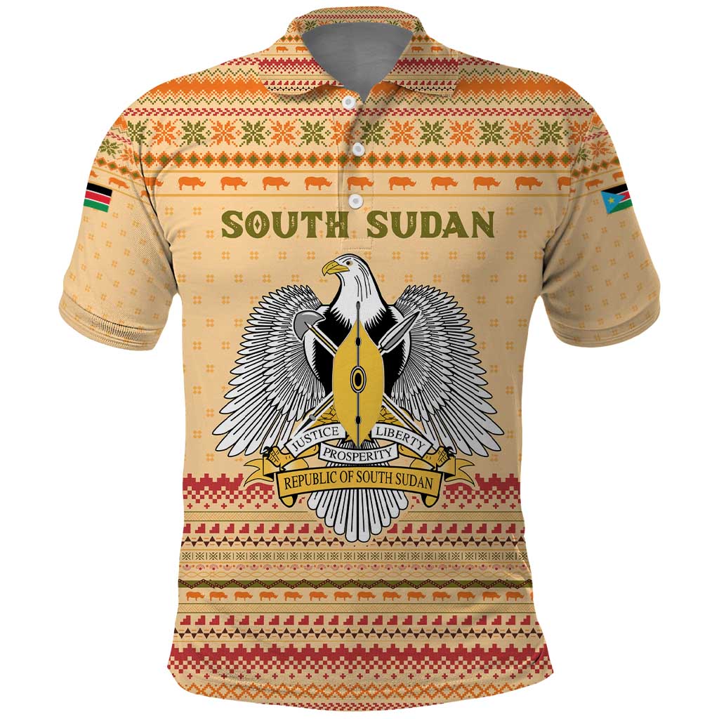 South Sudan Christmas Polo Shirt Beige Tribal Pattern, National Emblem, and Green Star Motif - African Pride