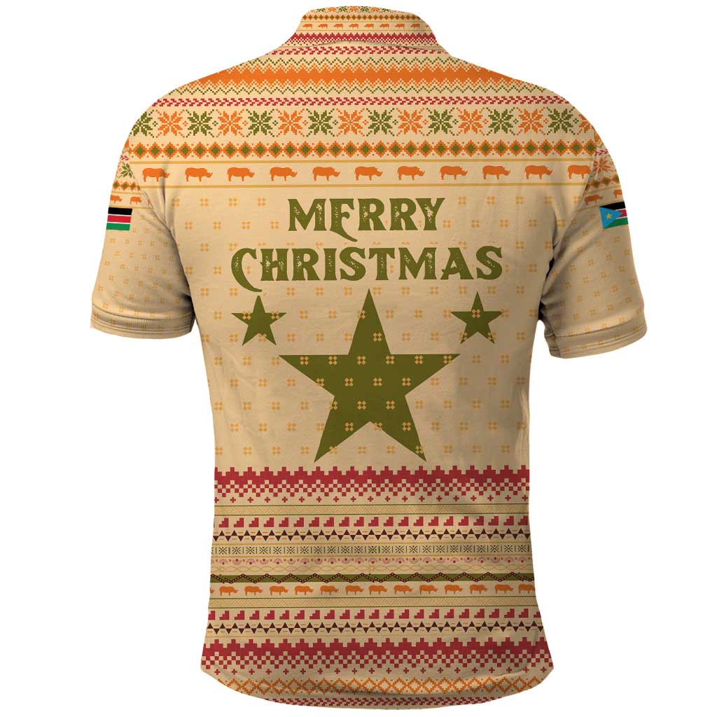 South Sudan Christmas Polo Shirt Beige Tribal Pattern, National Emblem, and Green Star Motif - African Pride