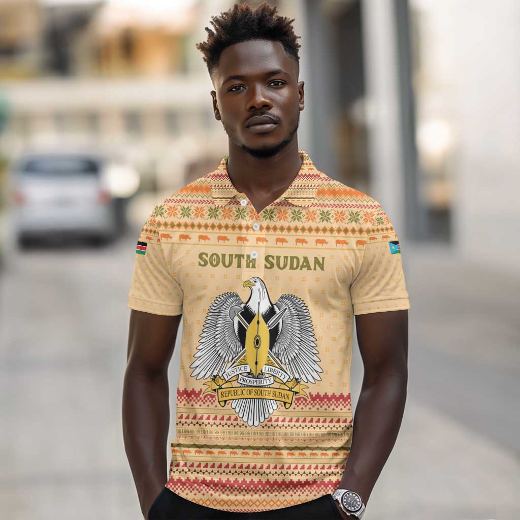South Sudan Christmas Polo Shirt Beige Tribal Pattern, National Emblem, and Green Star Motif - African Pride