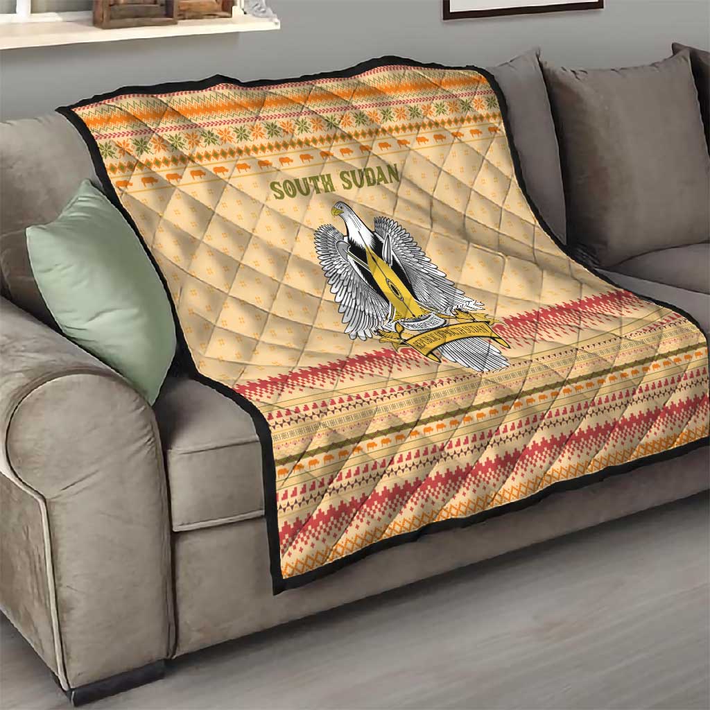 South Sudan Christmas Quilt Beige Tribal Pattern, National Emblem, and Green Star Motif - African Pride