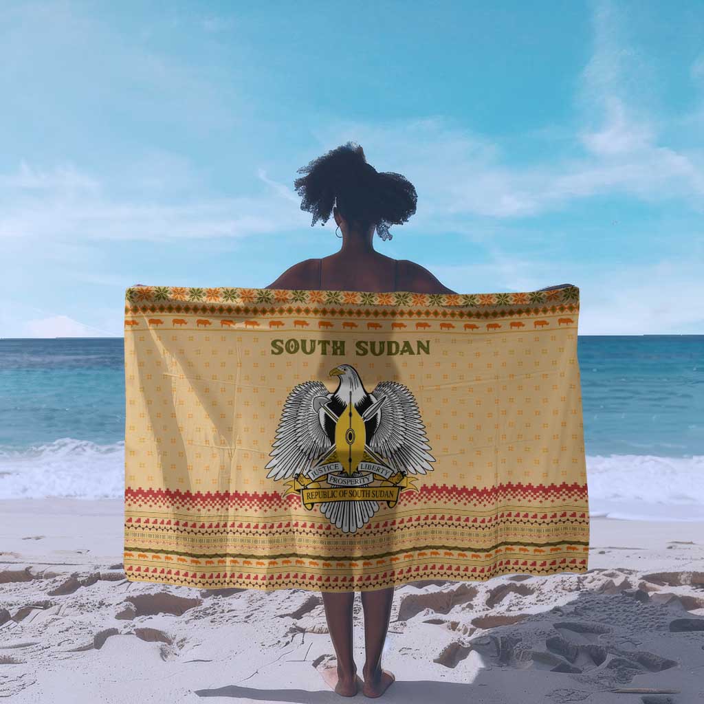 South Sudan Christmas Sarong Beige Tribal Pattern, National Emblem, and Green Star Motif - African Pride