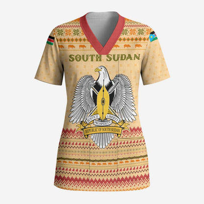 South Sudan Christmas Scrub Top Beige Tribal Pattern, National Emblem, and Green Star Motif - African Pride
