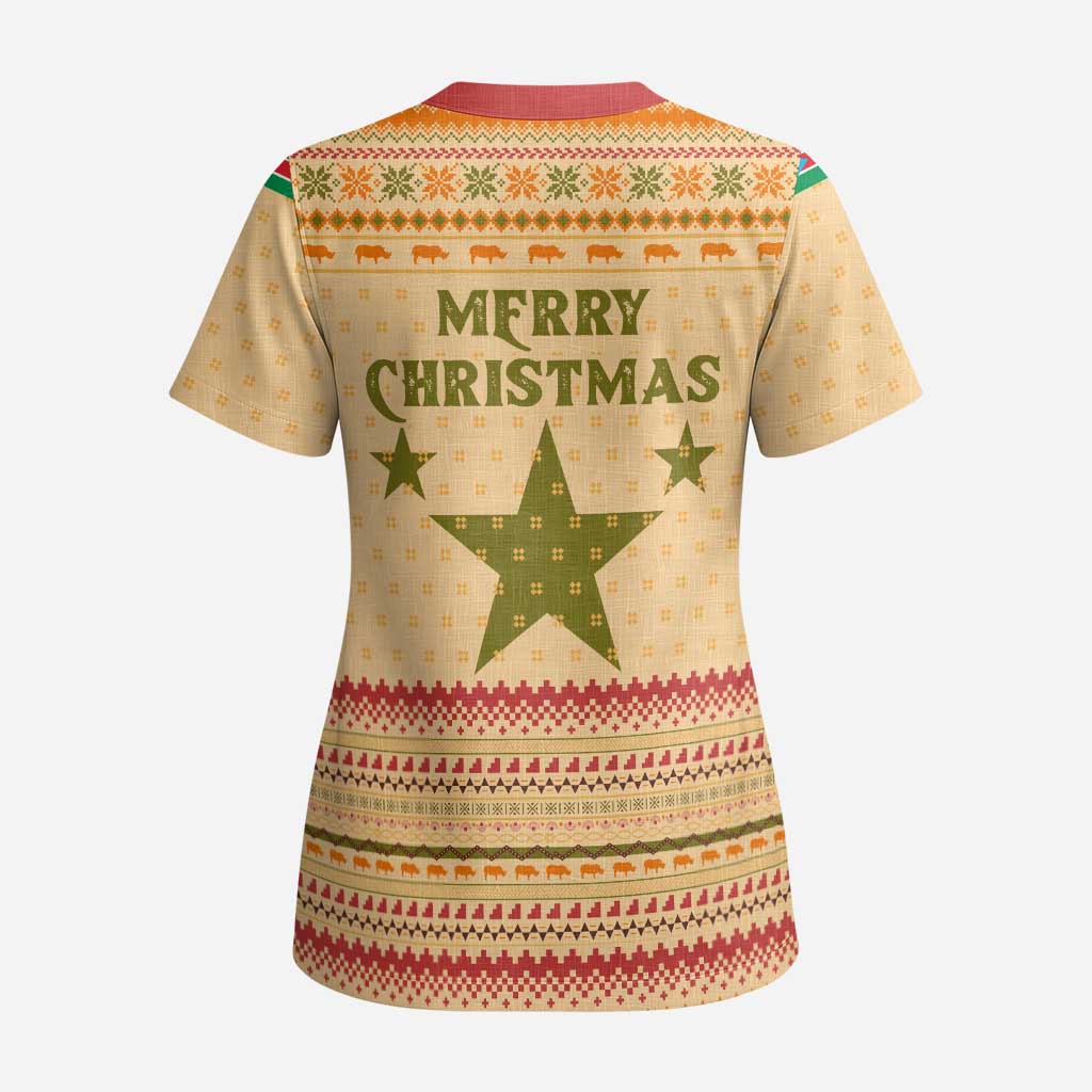 South Sudan Christmas Scrub Top Beige Tribal Pattern, National Emblem, and Green Star Motif - African Pride