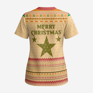 South Sudan Christmas Scrub Top Beige Tribal Pattern, National Emblem, and Green Star Motif - African Pride