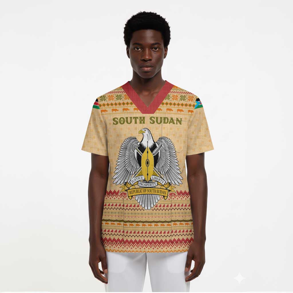 South Sudan Christmas Scrub Top Beige Tribal Pattern, National Emblem, and Green Star Motif - African Pride