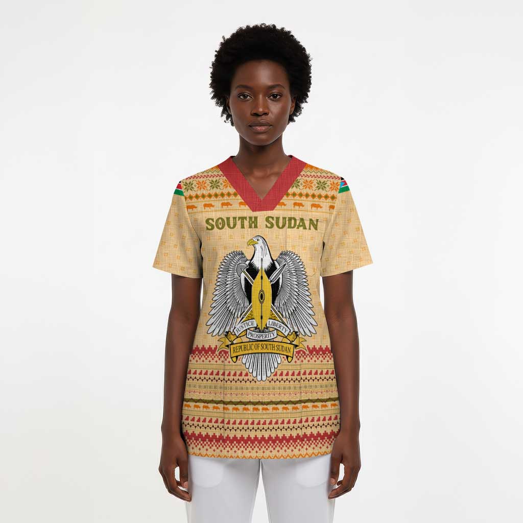 South Sudan Christmas Scrub Top Beige Tribal Pattern, National Emblem, and Green Star Motif - African Pride