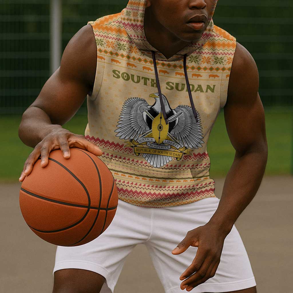 South Sudan Christmas Sleeveless Hoodie Beige Tribal Pattern, National Emblem, and Green Star Motif - African Pride