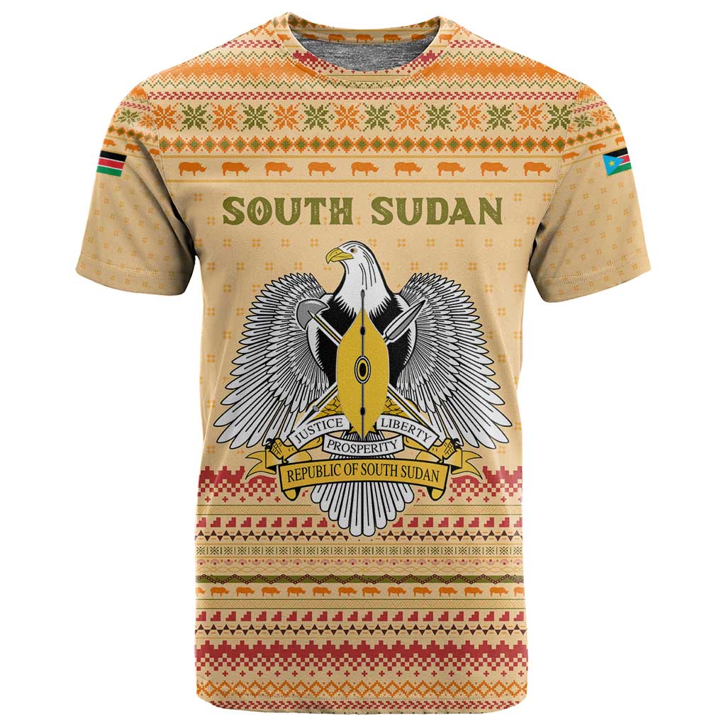 South Sudan Christmas T shirt Beige Tribal Pattern, National Emblem, and Green Star Motif - African Pride