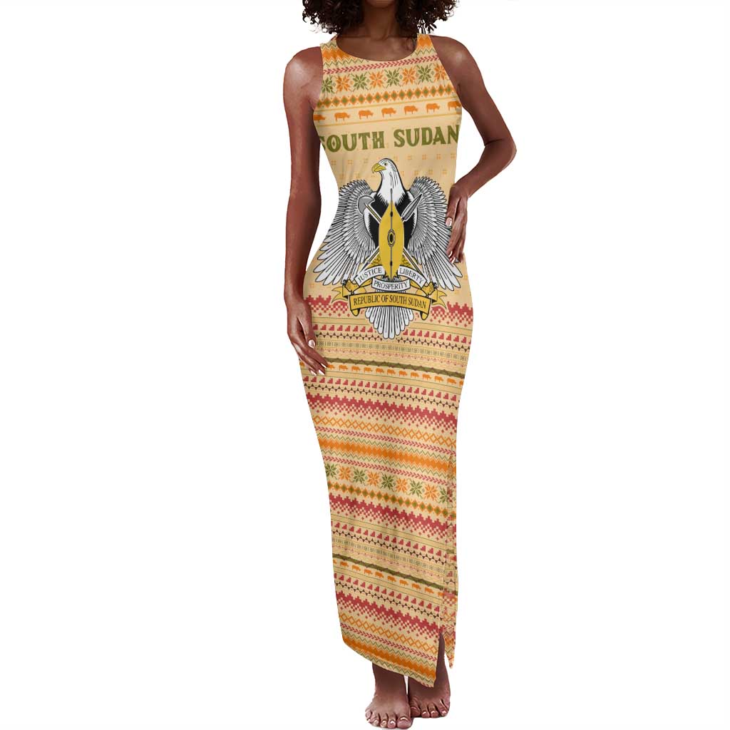 South Sudan Christmas Tank Maxi Dress Beige Tribal Pattern, National Emblem, and Green Star Motif - African Pride