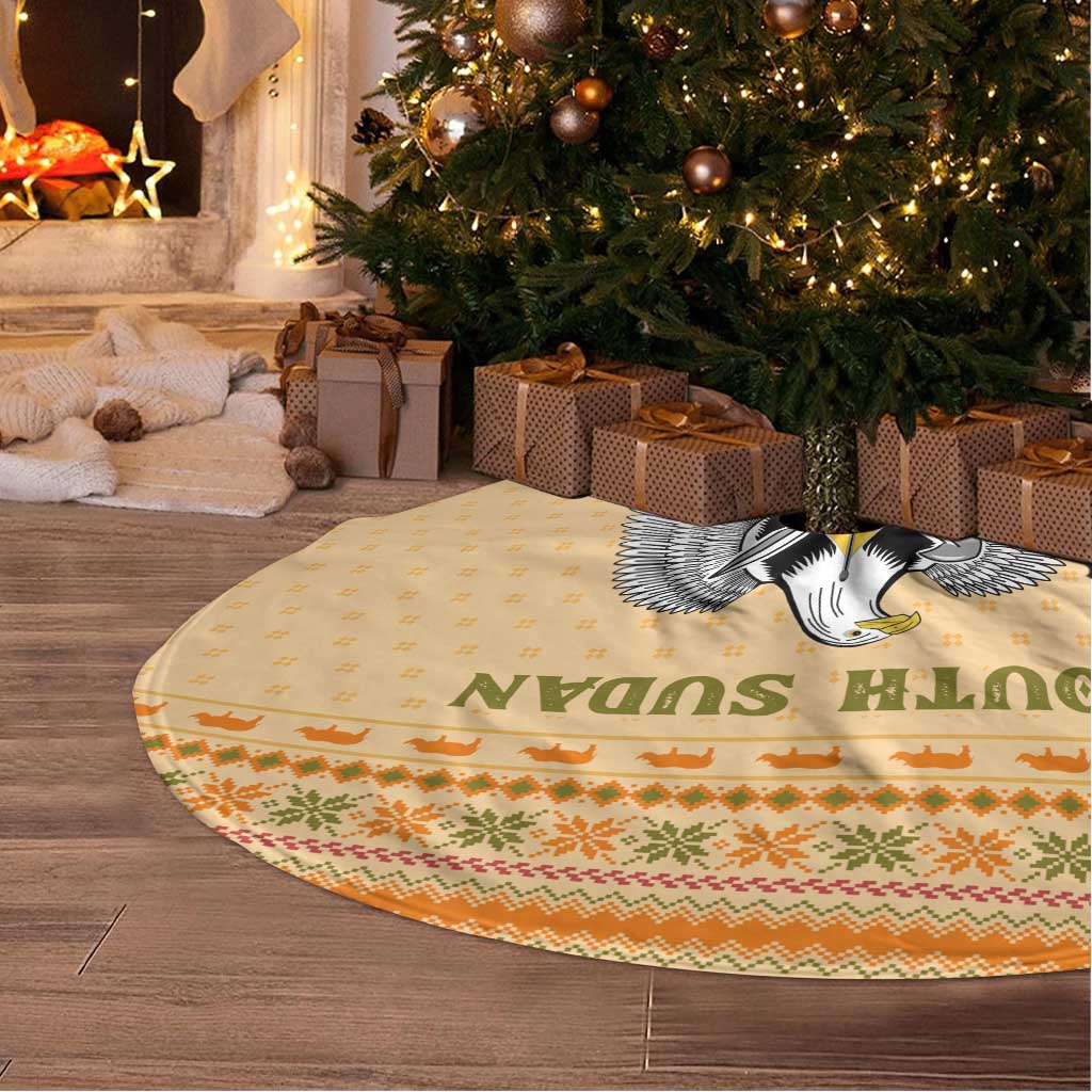 South Sudan Christmas Tree Skirt Beige Tribal Pattern, National Emblem, and Green Star Motif - African Pride