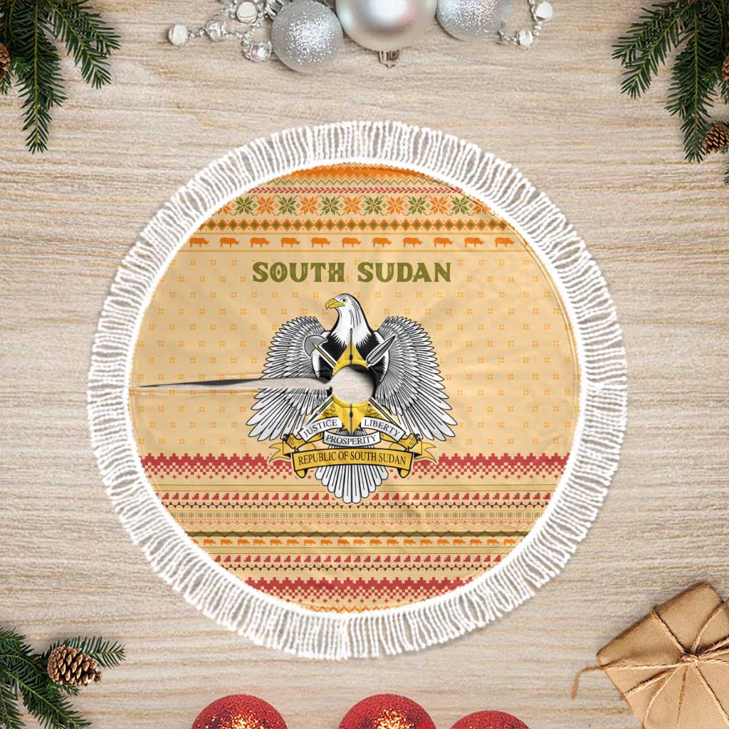 South Sudan Christmas Tree Skirt Beige Tribal Pattern, National Emblem, and Green Star Motif - African Pride