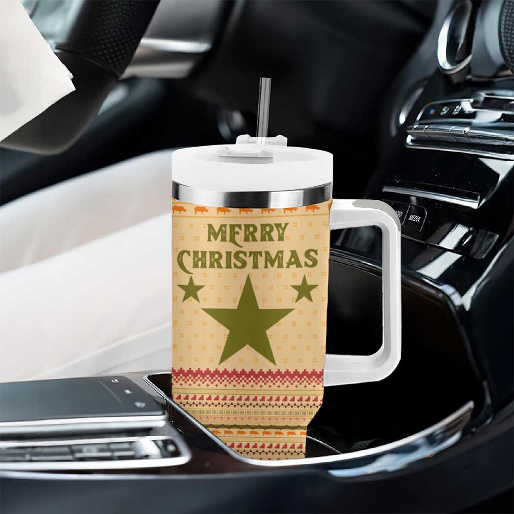 South Sudan Christmas Tumbler With Handle Beige Tribal Pattern, National Emblem, and Green Star Motif - African Pride