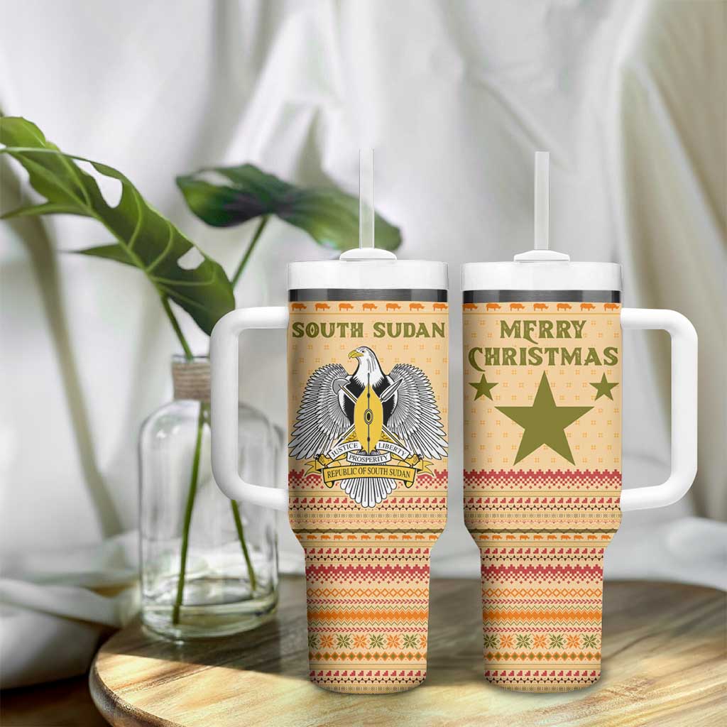 South Sudan Christmas Tumbler With Handle Beige Tribal Pattern, National Emblem, and Green Star Motif - African Pride