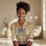 South Sudan Christmas Women Casual Shirt Beige Tribal Pattern, National Emblem, and Green Star Motif - African Pride