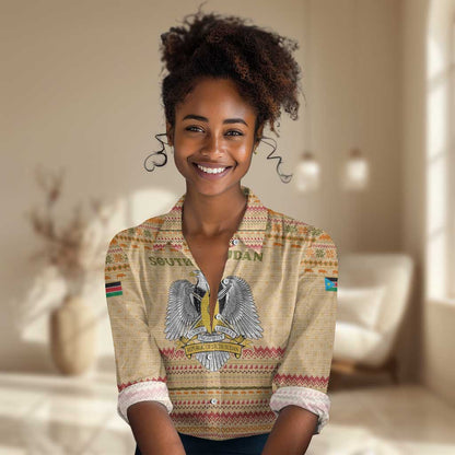 South Sudan Christmas Women Casual Shirt Beige Tribal Pattern, National Emblem, and Green Star Motif - African Pride
