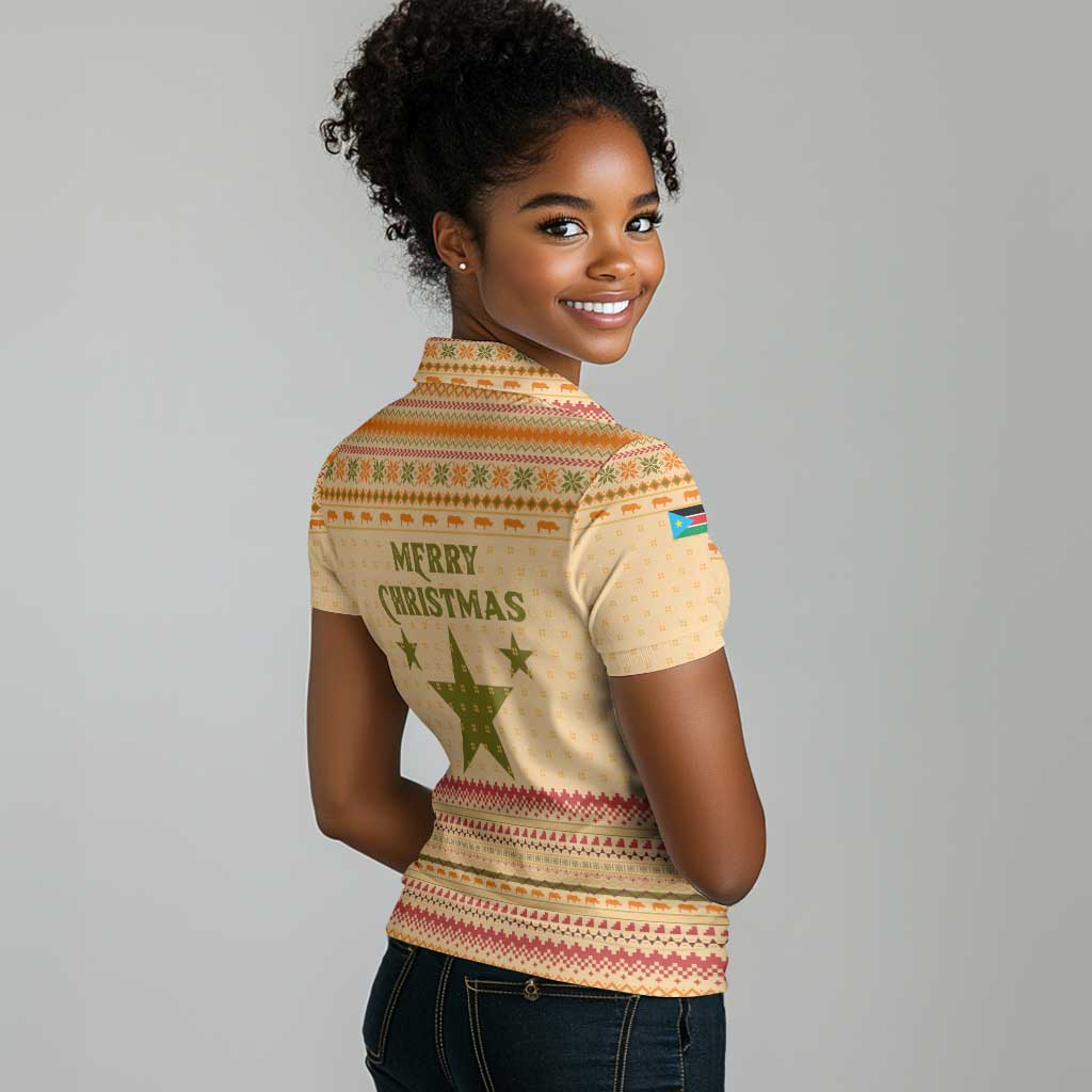 South Sudan Christmas Women Polo Shirt Beige Tribal Pattern, National Emblem, and Green Star Motif - African Pride