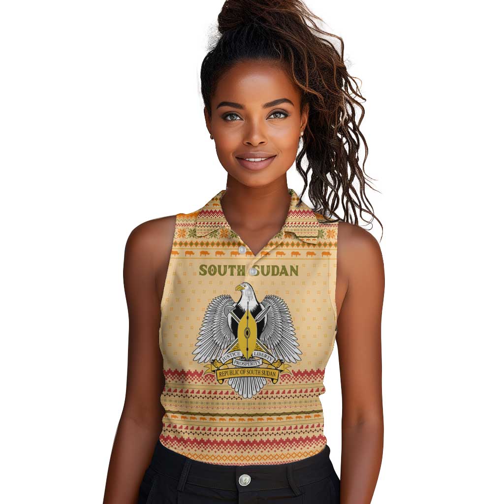 South Sudan Christmas Women Sleeveless Polo Shirt Beige Tribal Pattern, National Emblem, and Green Star Motif - African Pride