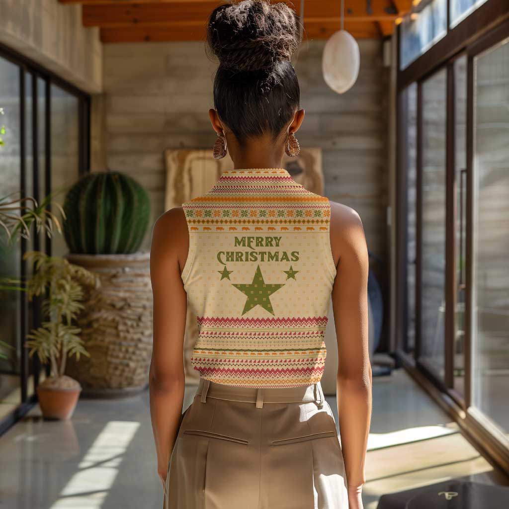 South Sudan Christmas Women Sleeveless Polo Shirt Beige Tribal Pattern, National Emblem, and Green Star Motif - African Pride
