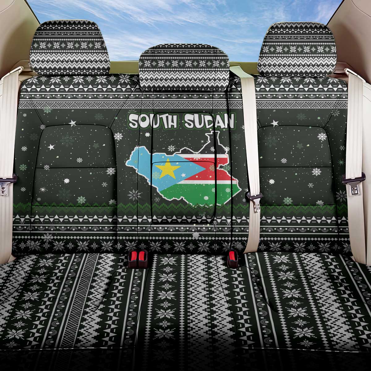 South Sudan Christmas Back Car Seat Cover National Map Flag Colors and Sleeping Rhino Motif - African Pride