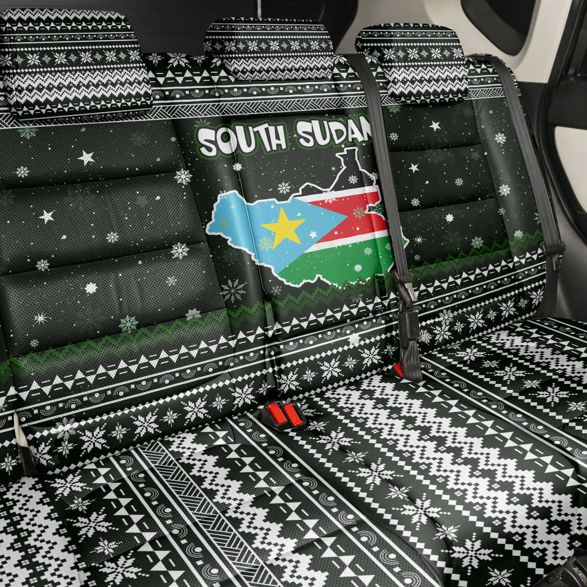 South Sudan Christmas Back Car Seat Cover National Map Flag Colors and Sleeping Rhino Motif - African Pride