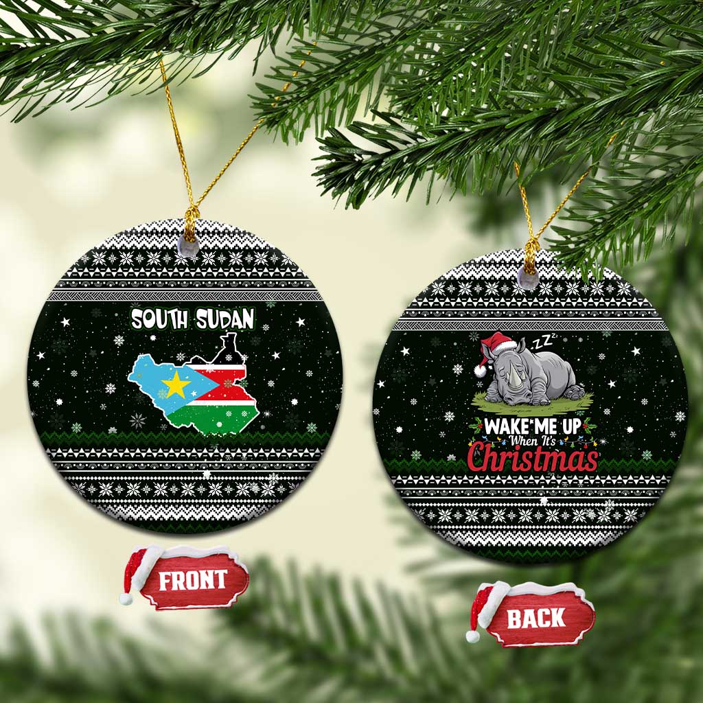 South Sudan Christmas Ceramic Ornament National Map Flag Colors and Sleeping Rhino Motif - African Pride