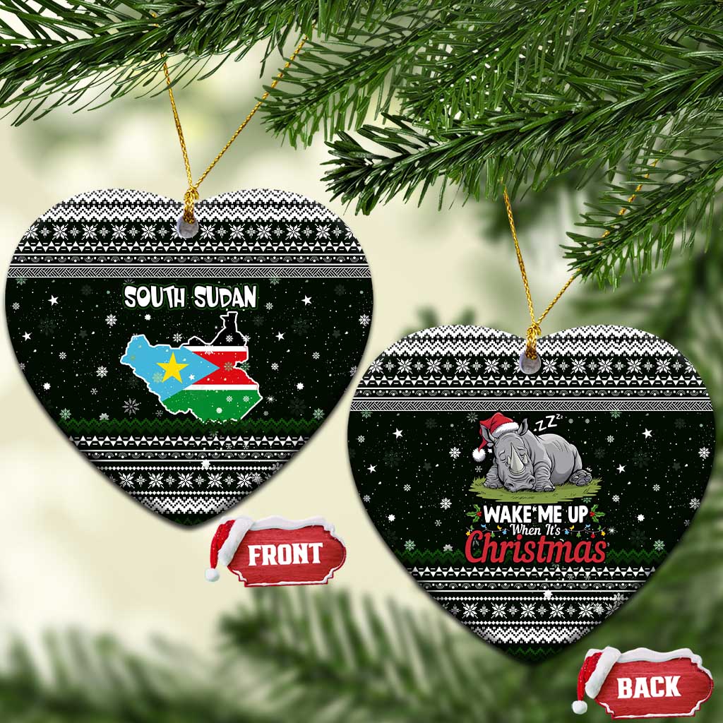 South Sudan Christmas Ceramic Ornament National Map Flag Colors and Sleeping Rhino Motif - African Pride
