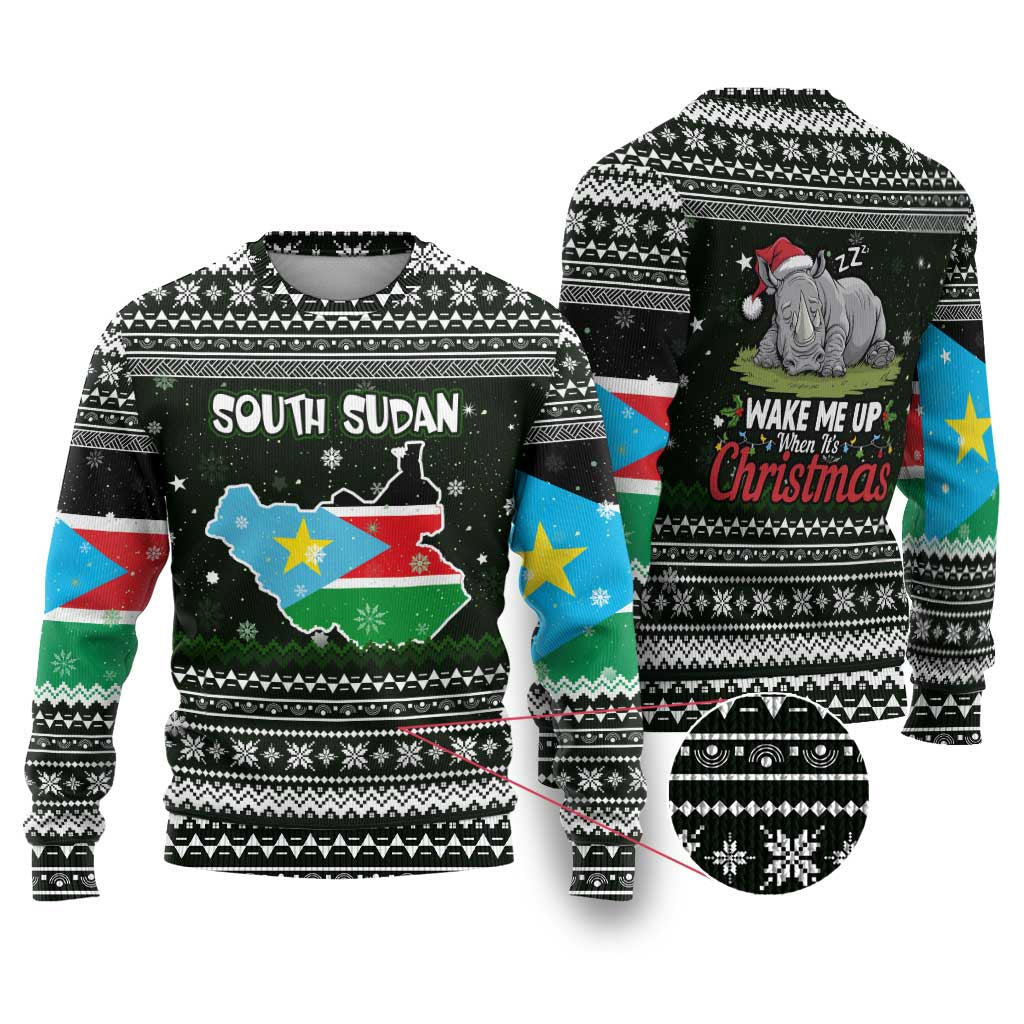 South Sudan Christmas Ugly Christmas Sweater National Map Flag Colors and Sleeping Rhino Motif - African Pride
