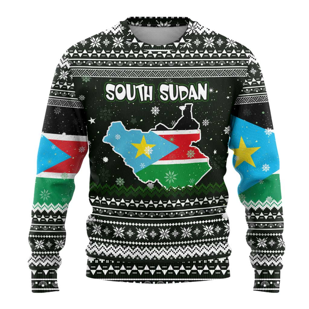 South Sudan Christmas Ugly Christmas Sweater National Map Flag Colors and Sleeping Rhino Motif - African Pride