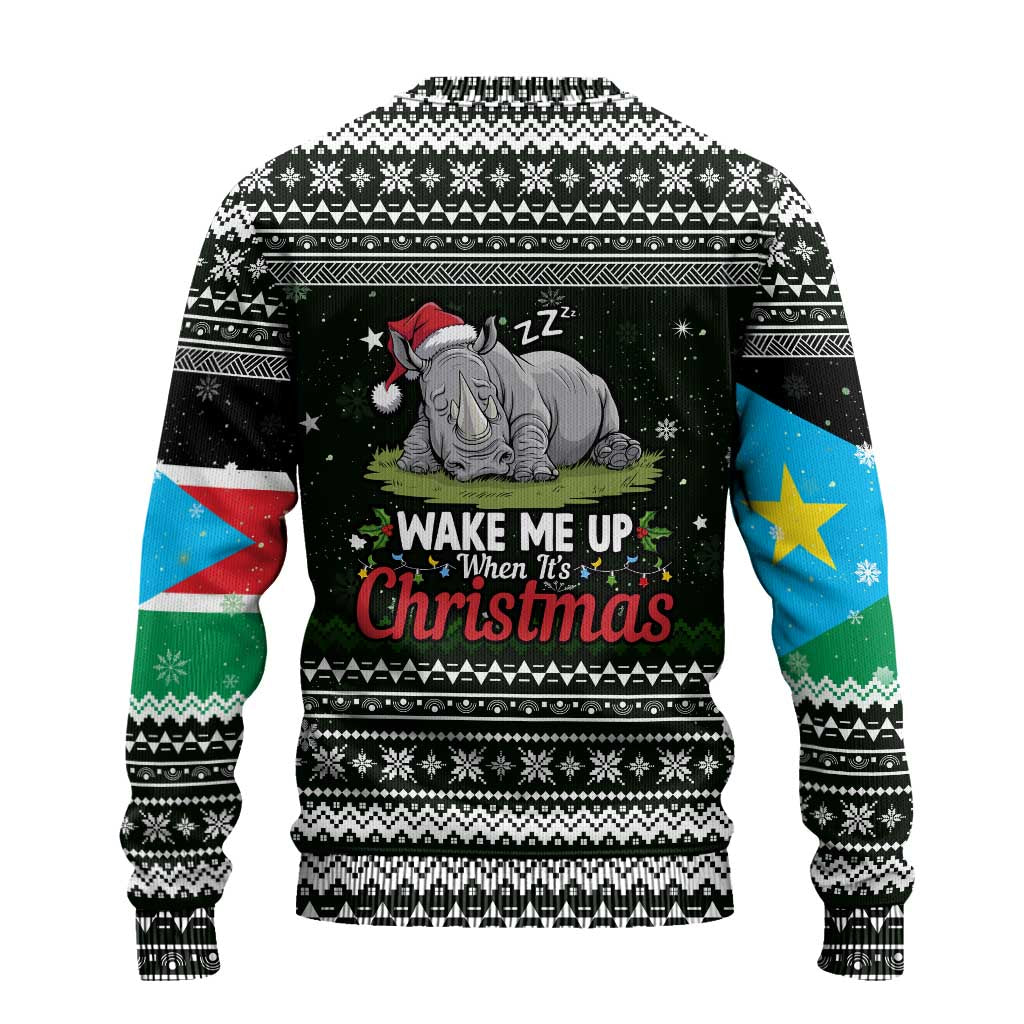 South Sudan Christmas Ugly Christmas Sweater National Map Flag Colors and Sleeping Rhino Motif - African Pride