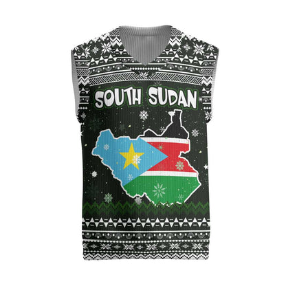 South Sudan Christmas Knitted V-Neck Vest National Map Flag Colors and Sleeping Rhino Motif - African Pride