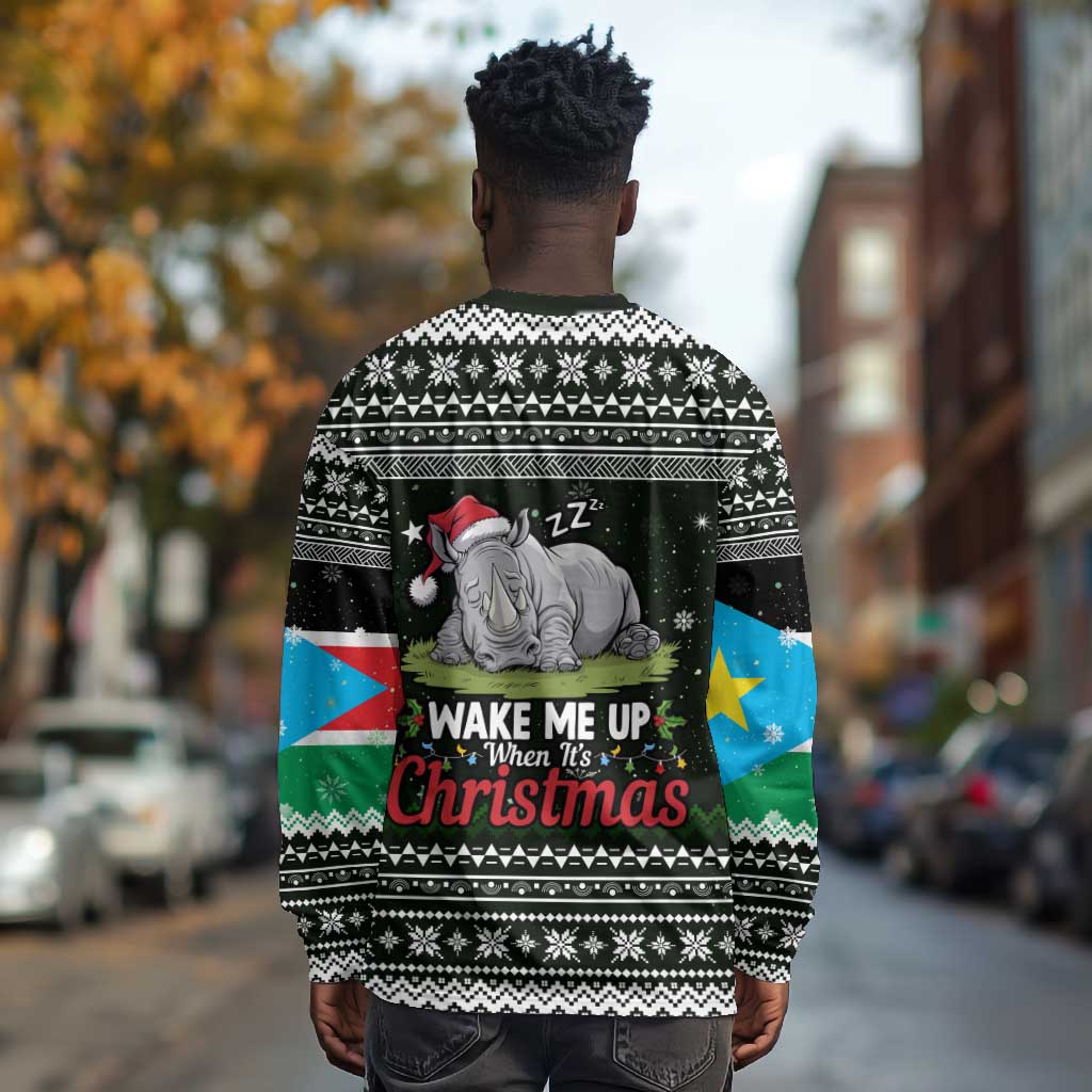 South Sudan Christmas Long Sleeve Shirt National Map Flag Colors and Sleeping Rhino Motif - African Pride