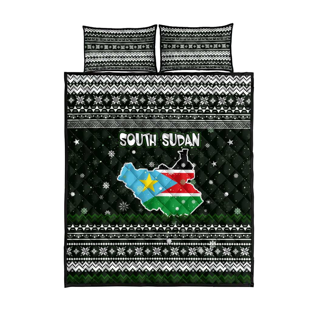 South Sudan Christmas Quilt Bed Set National Map Flag Colors and Sleeping Rhino Motif - African Pride