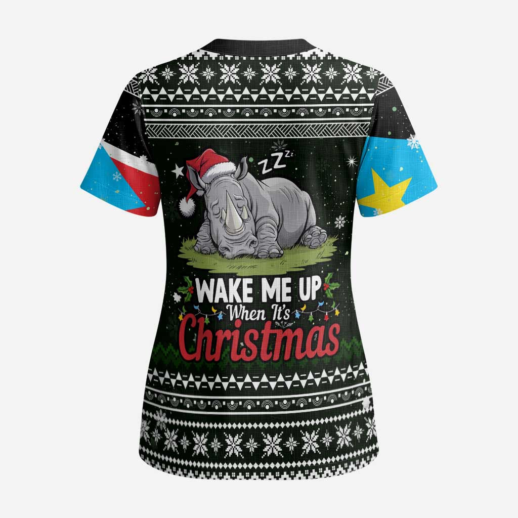 South Sudan Christmas Scrub Top National Map Flag Colors and Sleeping Rhino Motif - African Pride