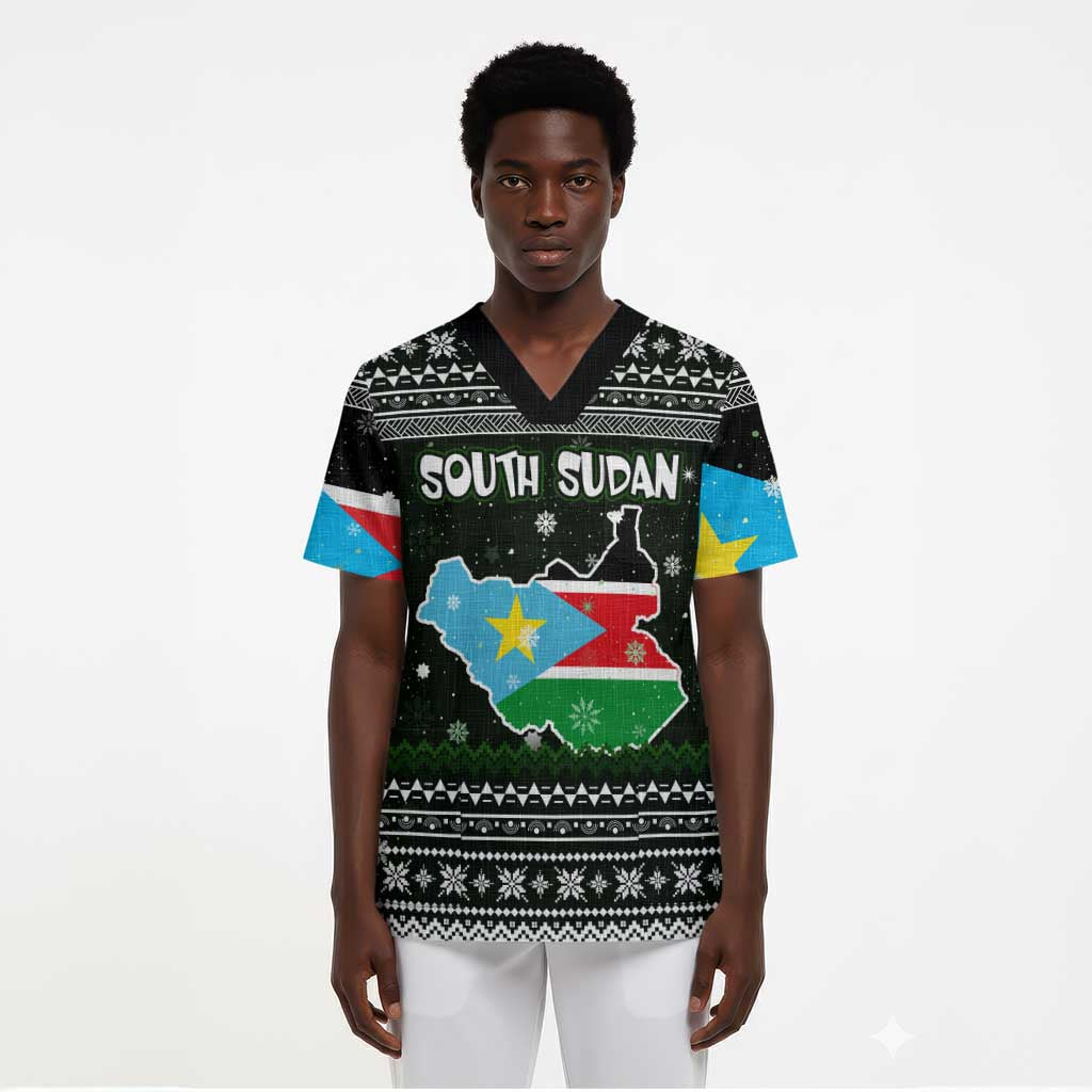 South Sudan Christmas Scrub Top National Map Flag Colors and Sleeping Rhino Motif - African Pride